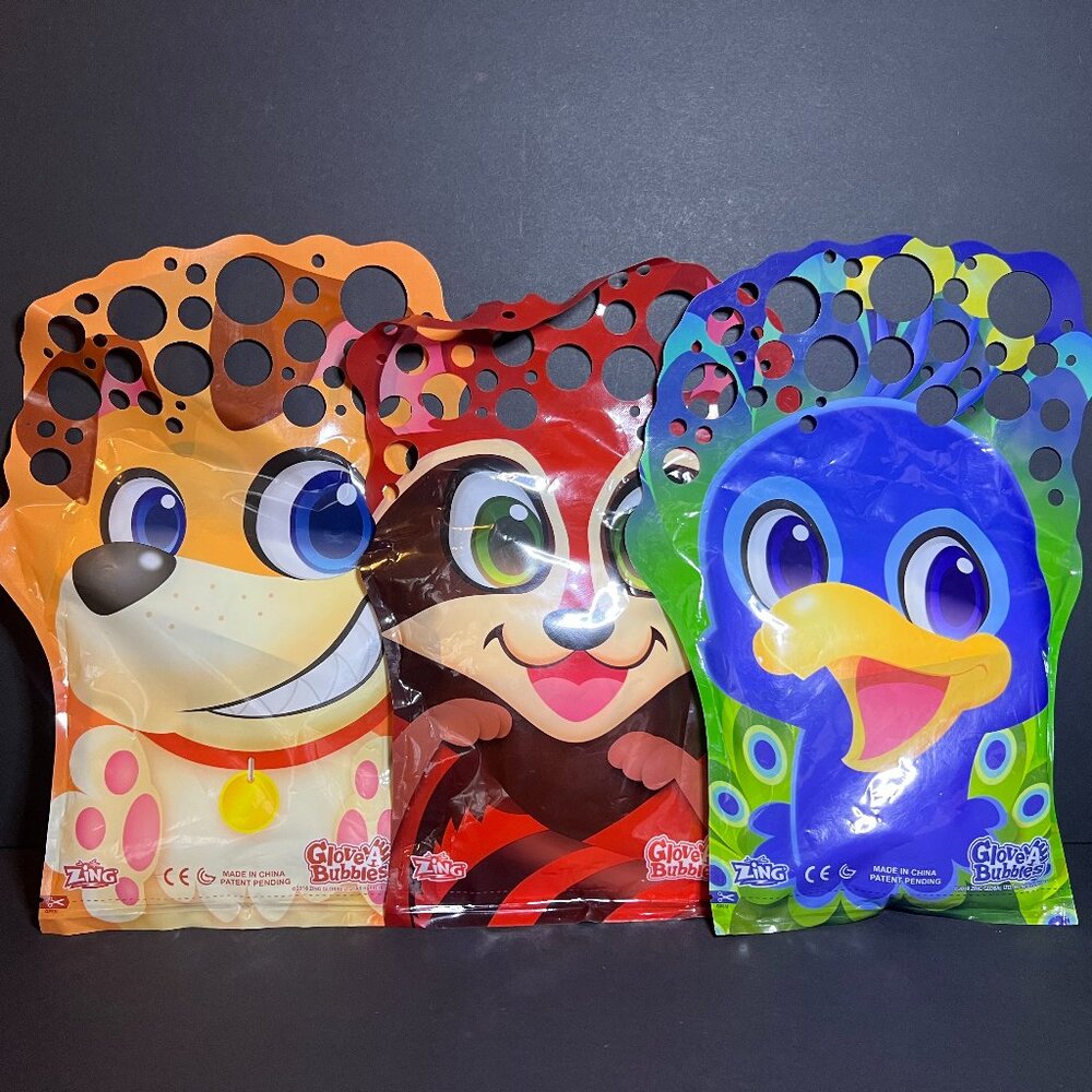 Lot of 3 Zing Dog, Raccoon & Peacock Wave & Play Glove A Bubbles